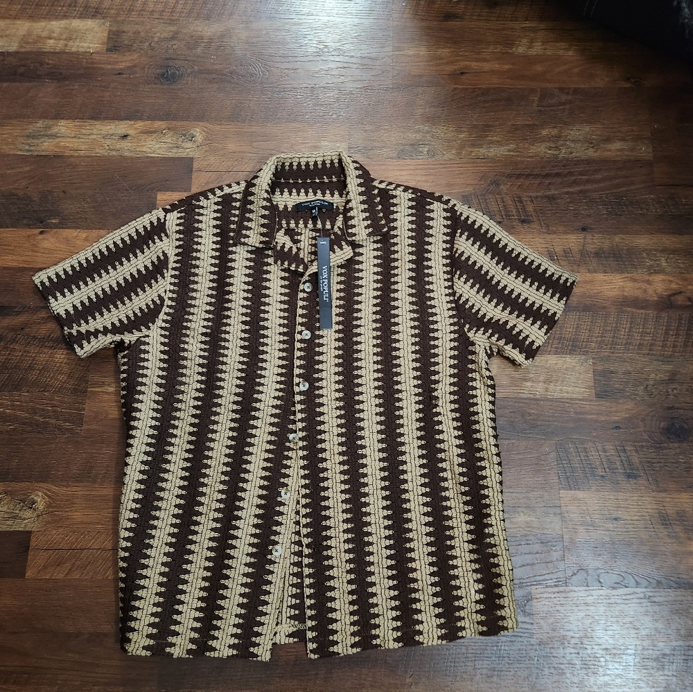 NWT...   Men's Vox Populi Brown and Tan Crochet  Patterned Shirt Size M